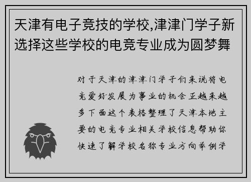 天津有电子竞技的学校,津津门学子新选择这些学校的电竞专业成为圆梦舞台