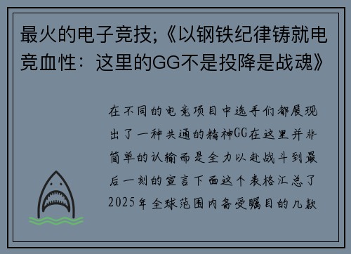 最火的电子竞技;《以钢铁纪律铸就电竞血性：这里的GG不是投降是战魂》