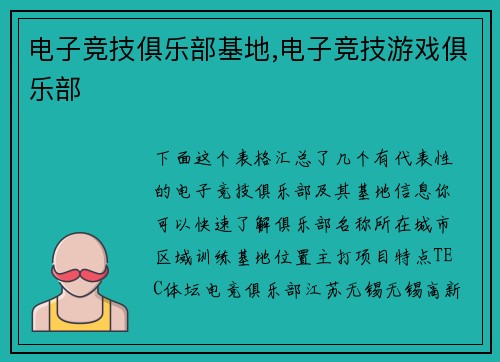 电子竞技俱乐部基地,电子竞技游戏俱乐部